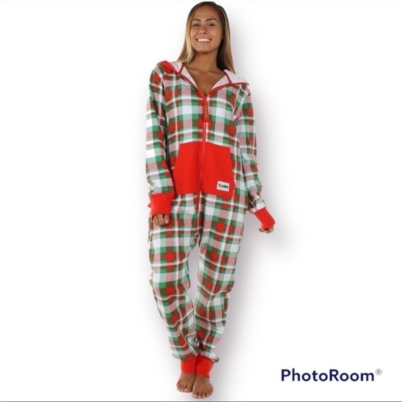 Tipsy Elves Plaid Christmas Hooded Onesie – Unisex – Men's L / Women's XL - Picture 2 of 13